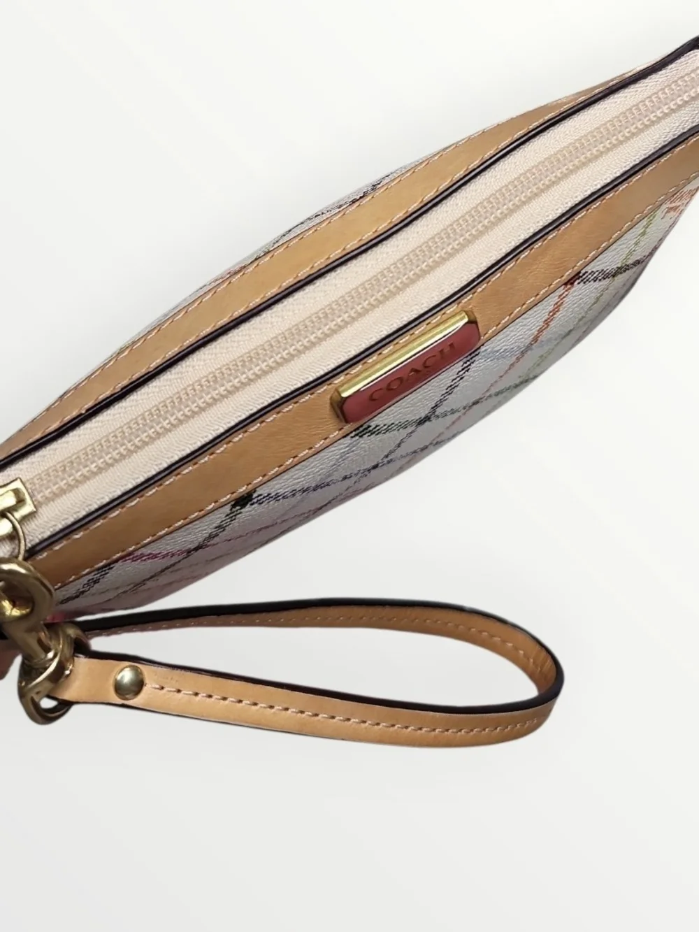COACH Peyton Tattersall Plaid Wristlet Chalk Multi Gold Leather Trim Like New - Picture 6 of 7